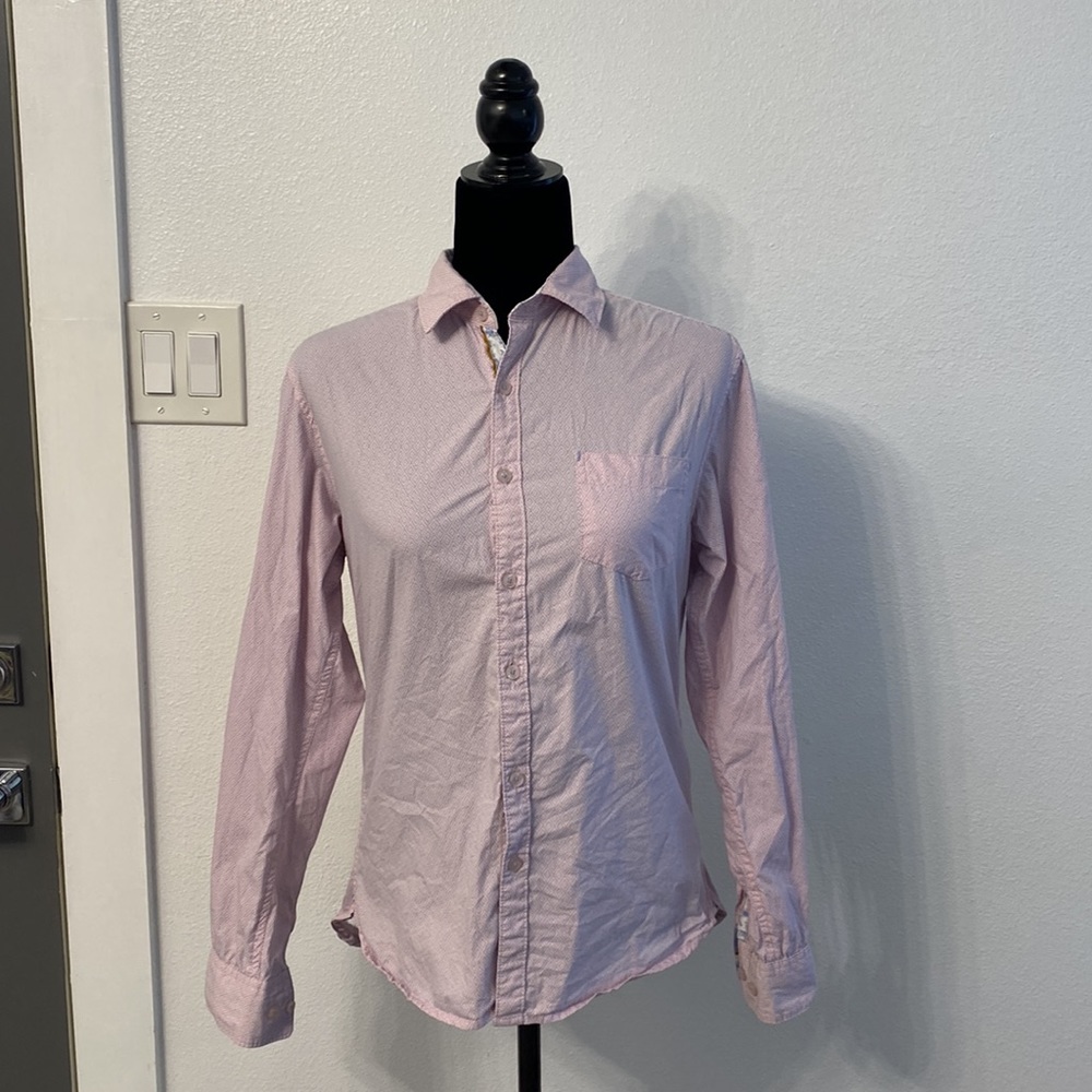 100% Cotton Pink and Navy Micro Dot Diamond Print Long Sleeve Button Down